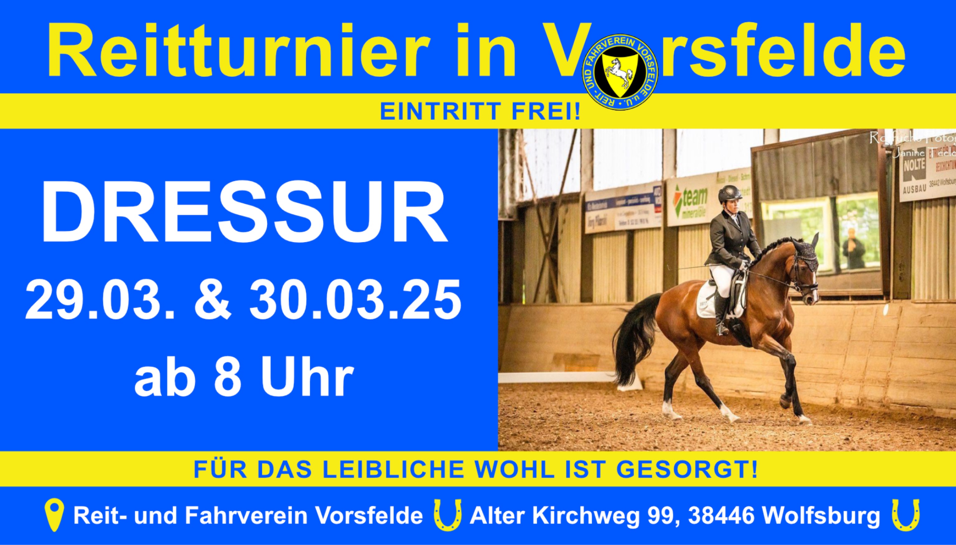 Plakat weißt auf ein Dressurturnier in Vorsfelde hin vom 29. - 30.03.2025